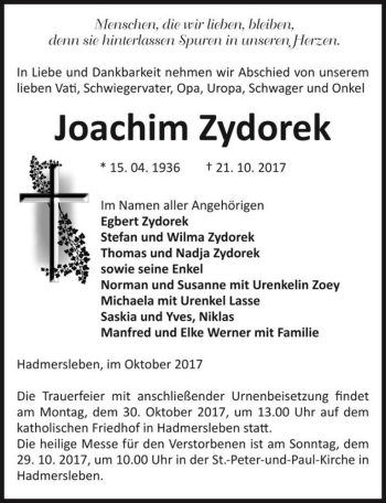 Traueranzeige von Joachim Zydorek  von Magdeburger Volksstimme