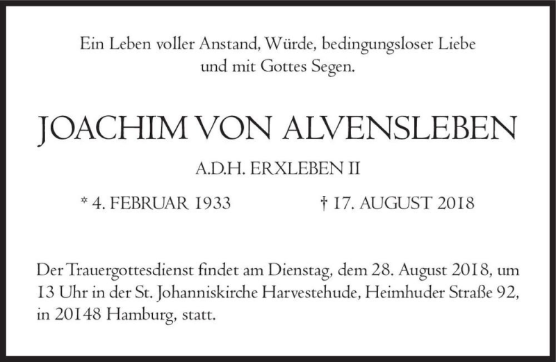  Traueranzeige für Joachim von Alvensleben (A.D.H. ERXLEBEN II)  vom 25.08.2018 aus Magdeburger Volksstimme