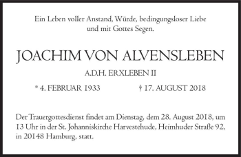 Traueranzeige von Joachim von Alvensleben (A.D.H. ERXLEBEN II)  von Magdeburger Volksstimme