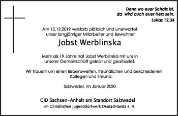 Traueranzeige von Jobst Werblinska  von Magdeburger Volksstimme