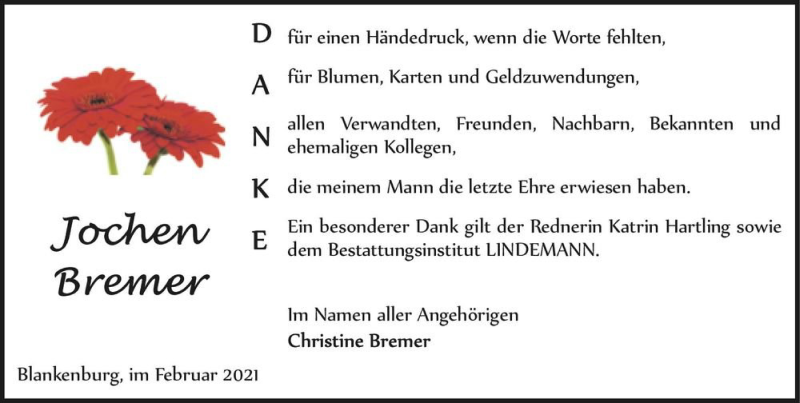  Traueranzeige für Jochen Bremer  vom 06.02.2021 aus Magdeburger Volksstimme