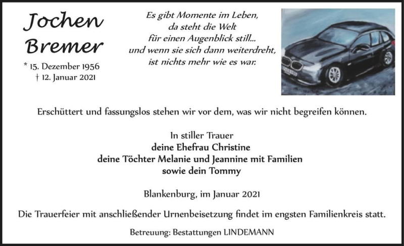  Traueranzeige für Jochen Bremer  vom 16.01.2021 aus Magdeburger Volksstimme