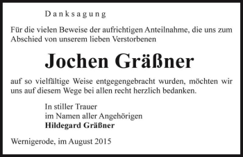 Traueranzeige von Jochen Gräßner  von Magdeburger Volksstimme