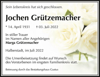 Traueranzeige von Jochen Grützemacher  von Magdeburger Volksstimme