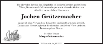 Traueranzeige von Jochen Grützemacher  von Magdeburger Volksstimme