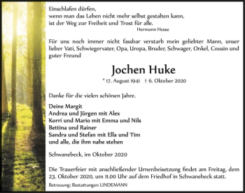Traueranzeige von Jochen Huke  von Magdeburger Volksstimme