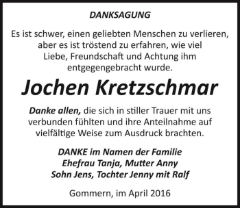 Traueranzeige von Jochen Kretzschmar  von Magdeburger Volksstimme
