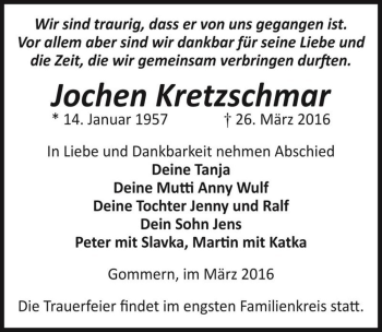 Traueranzeige von Jochen Kretzschmar  von Magdeburger Volksstimme