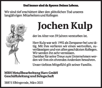 Traueranzeige von Jochen Kulp  von Magdeburger Volksstimme