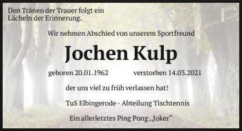 Traueranzeige von Jochen Kulp  von Magdeburger Volksstimme