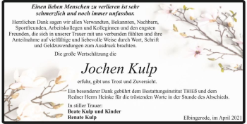 Traueranzeige von Jochen Kulp  von Magdeburger Volksstimme