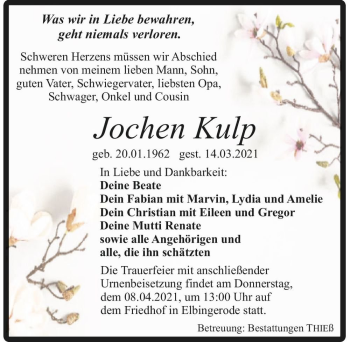 Traueranzeige von Jochen Kulp  von Magdeburger Volksstimme