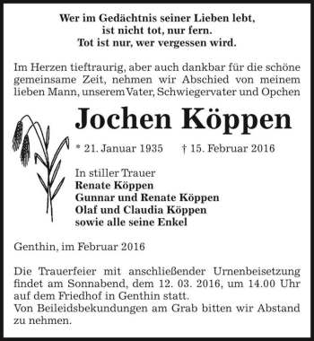 Traueranzeige von Jochen Köppen  von Magdeburger Volksstimme