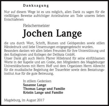 Traueranzeige von Jochen Lange  von Magdeburger Volksstimme