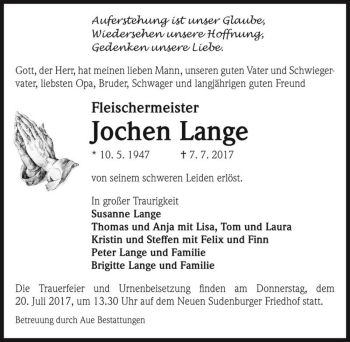 Traueranzeige von Jochen Lange  von Magdeburger Volksstimme