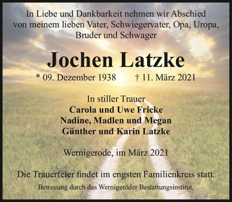  Traueranzeige für Jochen Latzke  vom 16.03.2021 aus Magdeburger Volksstimme
