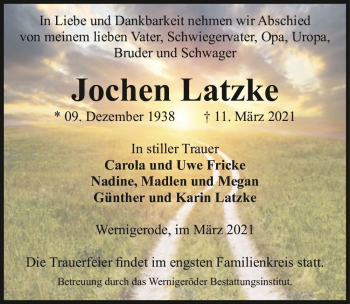 Traueranzeige von Jochen Latzke  von Magdeburger Volksstimme