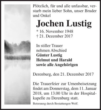 Traueranzeige von Jochen Lustig  von Magdeburger Volksstimme