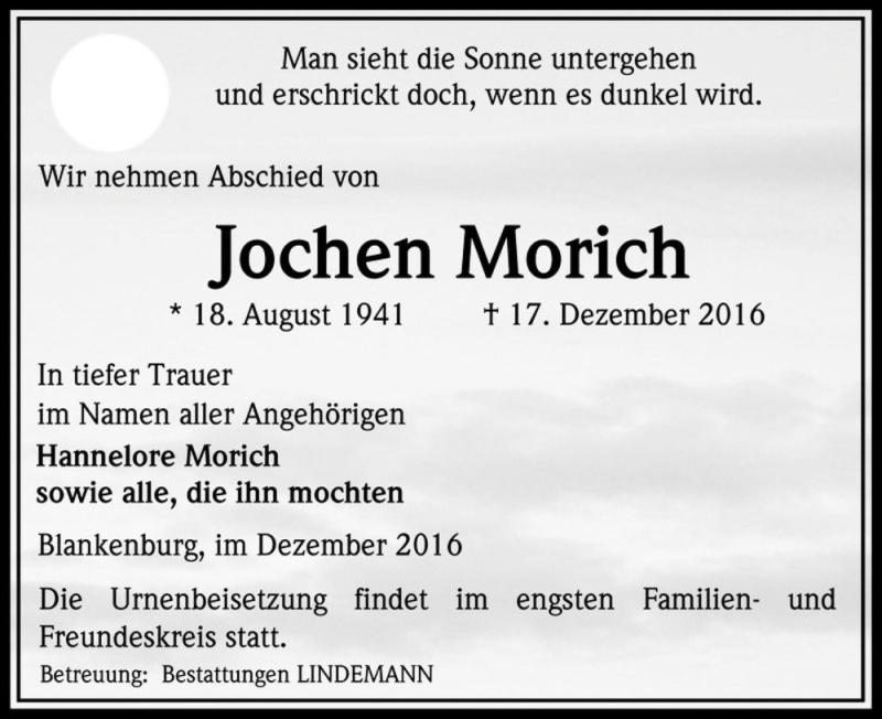  Traueranzeige für Jochen Morich  vom 24.12.2016 aus Magdeburger Volksstimme