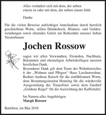 Traueranzeige von Jochen Rossow  von Magdeburger Volksstimme