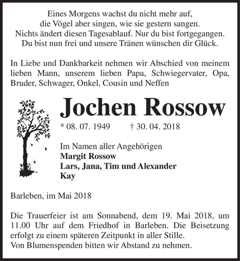  Traueranzeige für Jochen Rossow  vom 05.05.2018 aus Magdeburger Volksstimme
