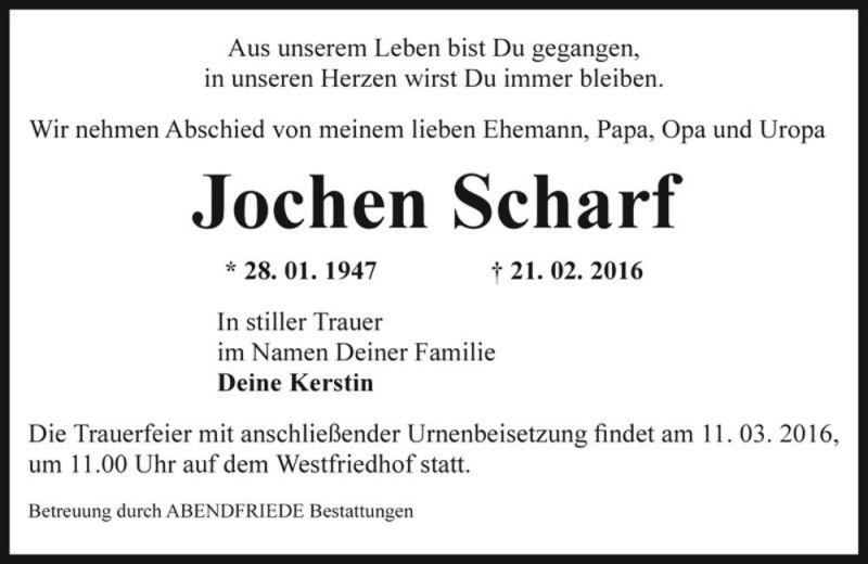  Traueranzeige für Jochen Scharf  vom 27.02.2016 aus Magdeburger Volksstimme