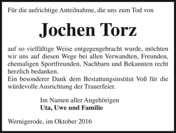 Traueranzeige von Jochen Torz  von Magdeburger Volksstimme