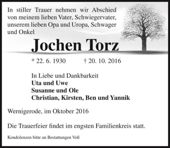 Traueranzeige von Jochen Torz  von Magdeburger Volksstimme