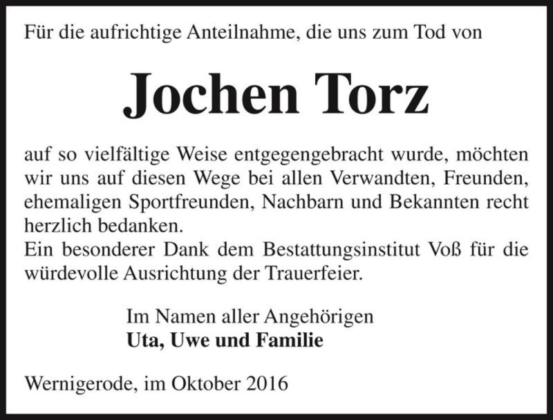  Traueranzeige für Jochen Torz  vom 19.11.2016 aus Magdeburger Volksstimme