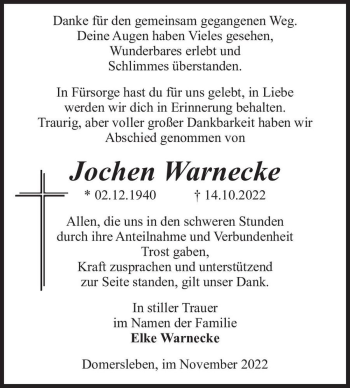 Traueranzeige von Jochen Warnecke  von Magdeburger Volksstimme