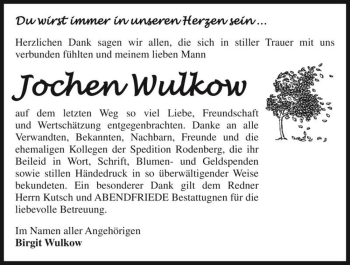 Traueranzeige von Jochen Wulkow  von Magdeburger Volksstimme