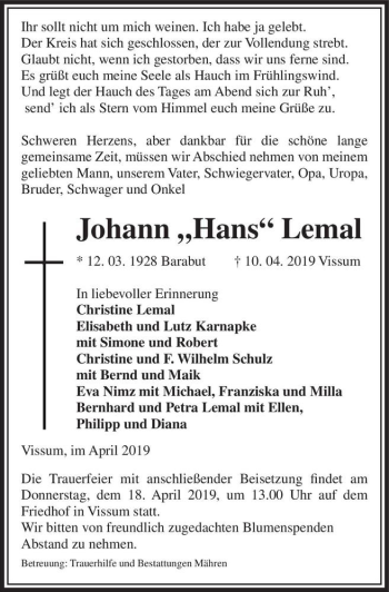 Traueranzeige von Johann ,,Hans