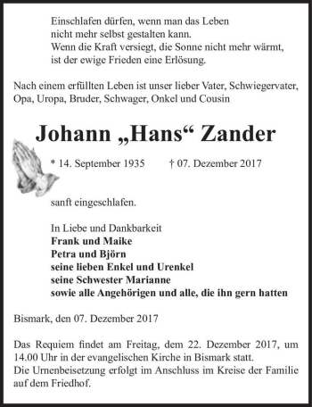 Traueranzeige von Johann ,,Hans