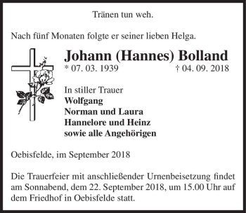 Traueranzeige von Johann (Hannes) Bolland  von Magdeburger Volksstimme