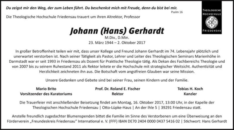  Traueranzeige für Johann (Hans) Gerhardt  vom 14.10.2017 aus Magdeburger Volksstimme