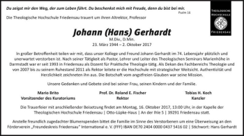 Traueranzeige von Johann (Hans) Gerhardt  von Magdeburger Volksstimme