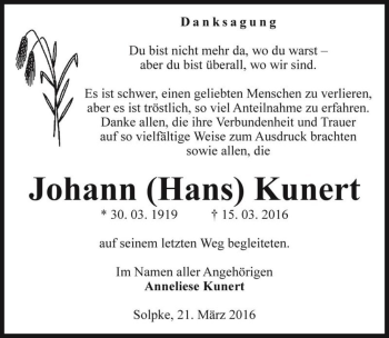 Traueranzeige von Johann (Hans) Kunert  von Magdeburger Volksstimme