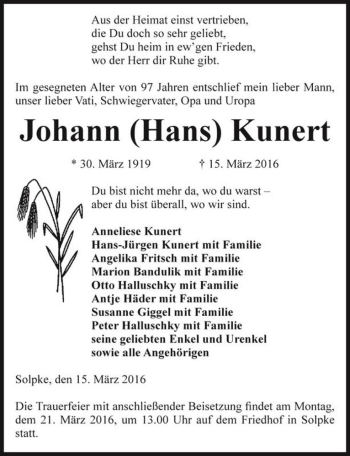 Traueranzeige von Johann (Hans) Kunert  von Magdeburger Volksstimme