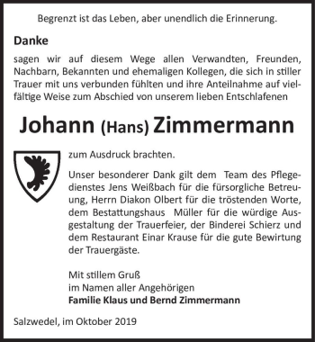 Traueranzeige von Johann (Hans) Zimmermann  von Magdeburger Volksstimme
