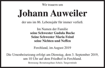 Traueranzeige von Johann Auweiler  von Magdeburger Volksstimme