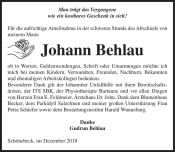 Traueranzeige von Johann Behlau  von Magdeburger Volksstimme