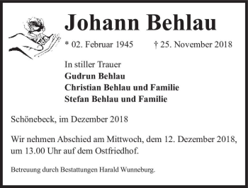 Traueranzeige von Johann Belau  von Magdeburger Volksstimme