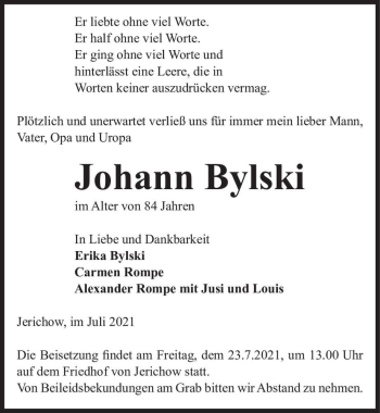 Traueranzeige von Johann Bylski  von Magdeburger Volksstimme