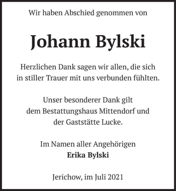 Traueranzeige von Johann Bylski  von Magdeburger Volksstimme