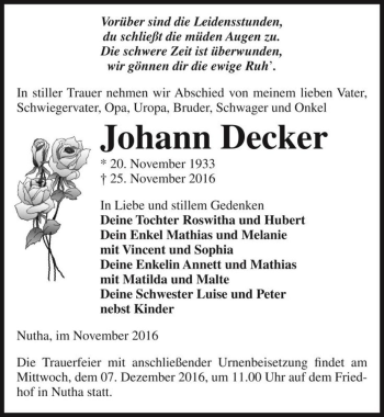 Traueranzeige von Johann Decker  von Magdeburger Volksstimme