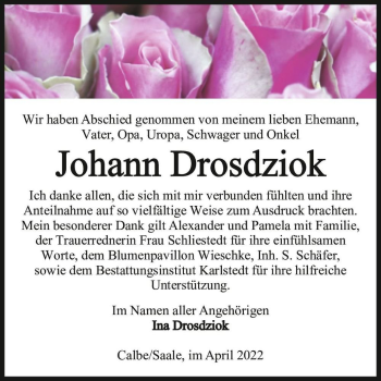Traueranzeige von Johann Drosdziok  von Magdeburger Volksstimme