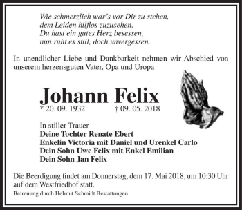 Traueranzeige von Johann Felix  von Magdeburger Volksstimme