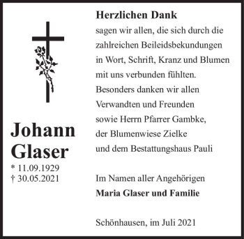 Traueranzeige von Johann Glaser  von Magdeburger Volksstimme