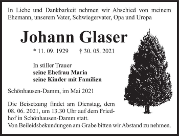 Traueranzeige von Johann Glaser  von Magdeburger Volksstimme