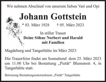 Traueranzeige von Johann Gottstein  von Magdeburger Volksstimme